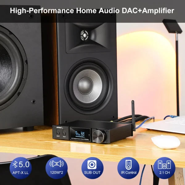 AIYIMA D05 Bluetooth 5.0 Power Amplifier 120Wx2 Sound Amplificador Subwoofer Amplifier USB DAC OLED APTX 2.1 Home Theater - Image 5