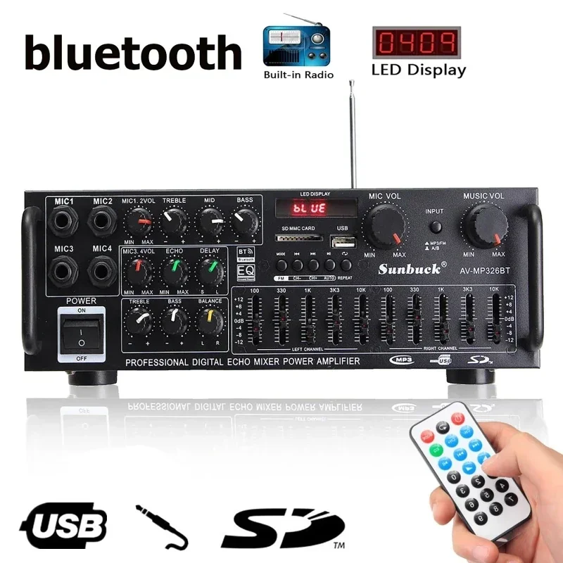 2000W bluetooth Audio Power Amplifier HiFi Amp Speaker 12V AV Amp Speaker Remote Control For Car Home Square Dancing 2.0 Channel