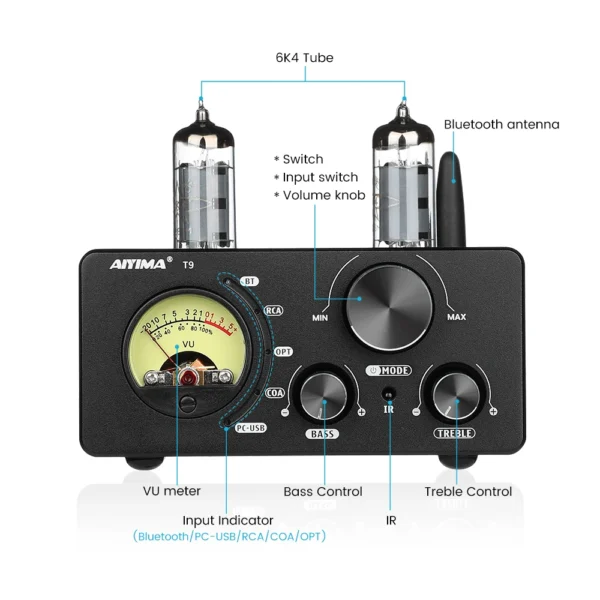AIYIMA Audio T9 HiFi Bluetooth 5.0 Vacuum Tube Amplifier USB DAC Stereo Amplificador COAX OPT VU Meter Amplifier Speaker Amplify - Image 4