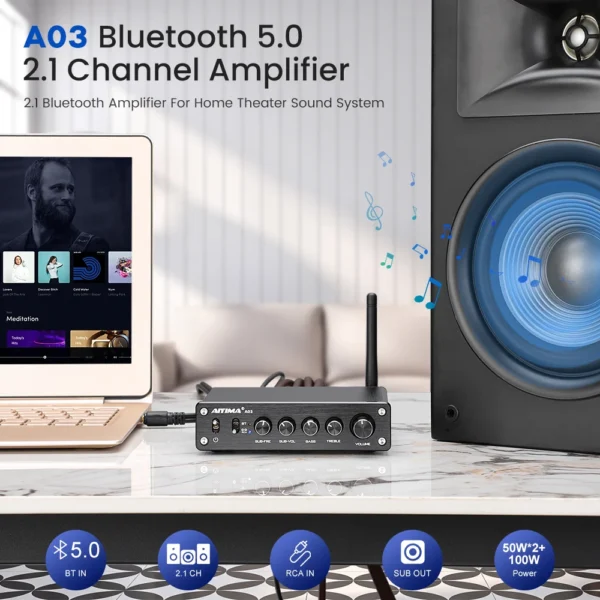 AIYIMA TPA3116 Subwoofer Bluetooth Amplifier HiFi TPA3116D2 2.1 Digital Audio Power Amplifiers 50Wx2+100W Sound Amplificador A03 - Image 3