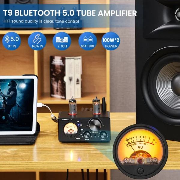 AIYIMA Audio T9 HiFi Bluetooth 5.0 Vacuum Tube Amplifier USB DAC Stereo Amplificador COAX OPT VU Meter Amplifier Speaker Amplify - Image 3